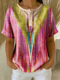Retro Color-block Striped & Paneled Loose-fit Cotton-linen Short-sleeve Shirt