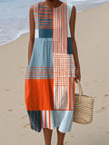 Women's Geometric Pattern Art Print Sleeveless Cotton Pocket Wrap Dress