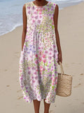 Women's Vintage Floral Art Print Sleeveless Cotton Pocket Wrap Dress