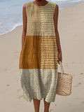 Women's Vintage Abstract Line Color Block Painting Art Print Sleeveless Cotton Pocket Wrap Dress