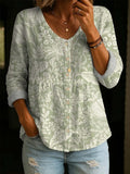 Women's Vintage Floral Pattern Art Print Casual Cotton Linen Shirt