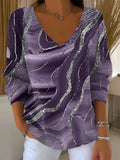 Women's Retro Marble Texture Art Print V-neck Loose Sweater