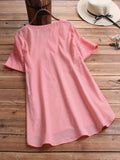 Bohemian Embroidered Crew Neck Short Sleeve Button Down Shirt