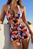 Geometric Print O-Rings Hollow Out Halter One Piece