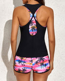 Pink Palm 3 Piece Tank Bathing Suits with Shorts and Racerback Sports Bra Tankini Set