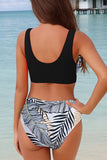 Leaf Printed Patchwork Buckle Front Bikini Set