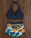 Leaf Print High Waist Halter Bikini Set