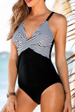 Stripe Print Patchwork V-neck One Piece Swimwear