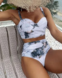 Marble Print High Waist Halter Bikini Set