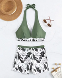 Plants Print High Waist Halter Bikini Set