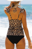 Leopard Print Ruffle Shoulder Tankini Set