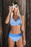 Blue Stripe Front Bralette And Asymmetric High Waist Bikini Set