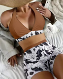 Plants Print High Waist Halter Bikini Set