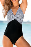 Stripe Print Patchwork V-neck One Piece Swimwear