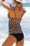 Leopard Print Ruffle Shoulder Tankini Set