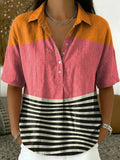 Women's Retro Color-block Striped Loose-fit Cotton-linen Short-sleeve Shirt