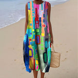 Women's Fashion Color Block Art Print Sleeveless Cotton Pocket Wrap Dress