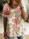 Retro Floral Print & Cutout Webbing Spliced loose-fit Cotton-linen Short-sleeve Shirt