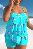 Coconut Tree Print Layered Hem Cyan Tankini Set