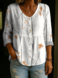 Elegant Floral Decorative Pattern Women's Long Sleeve Cotton Linen Shirt