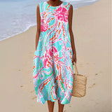 Women's Vintage Abstract Ocean Jellyfish Art Print Sleeveless Cotton Pocket Wrap Dress