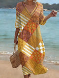 Bohemian-style Color-block Plaid Art Print Cotton-linen Dress