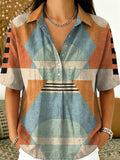 Geometric Color-block Decorative Pattern Women's Casual Short Sleeve Shirt