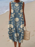 Women's Vintage Floral Pattern Art Print Sleeveless Cotton Pocket Wrap Dress