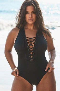Black Lace Up One Piece Swimsuit