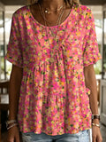 Retro Floral Decorative Pattern Women's Short Sleeve Round Collar Cotton Shirt