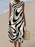 Women's Abstract Line Drawing Art Print Sleeveless Cotton Pocket Wrap Dress