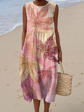 Women's Vintage Maple Pattern Art Print Sleeveless Cotton Pocket Wrap Dress