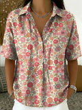 Retro Botanical Print Cotton-linen Short-sleeve Shirt