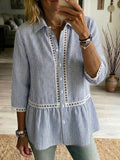 Casual Patchwork Cutout Webbing Stripe Linen-cotton Shirt