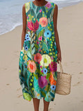 Women's Vintage Floral Art Print Sleeveless Cotton Pocket Wrap Dress