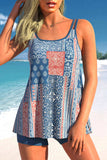 Tribal Print Denim Blue Double Straps Tankini Set