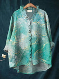 Women's Abstract Pattern Art Print Casual Cotton And Linen Ruffle Shirt