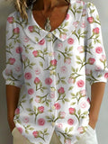Women's Floral Art Print Casual Stylish Cotton Linen Shirt