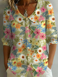 Women's Floral Art Print Casual Stylish Cotton Linen Shirt