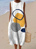 Women's Vintage Abstract Geometric Art Print Sleeveless Cotton Pocket Wrap Dress