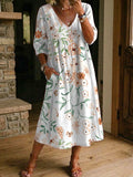 Women's Flower Print Casual Loose-fit Cotton-linen Dress With Lace Trim And Paneling