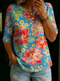 Women’s Vintage Floral Print Casual Half Sleeve Henley Cotton Top