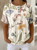 Women's Vintage Flower Pattern Printed Cotton Linen Top