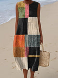 Women's Vintage Geometric Plaid Painting Art Print Sleeveless Cotton Pocket Wrap Dress