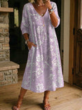 Women's Flower Print Casual Loose-fit Cotton-linen Dress With Lace Trim And Paneling