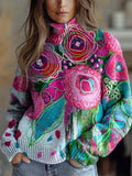 Women's Vintage Lovely Floral Art Print Knit Turtleneck Pullover Sweater