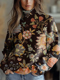 Women's Lovely Floral Art Print Knit Turtleneck Pullover Sweater