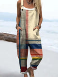 Women's Abstract Geometric Line Pattern Art Print Casual Cotton Linen Wide Leg Jumpsuit