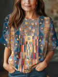 Women's Geometric Pattern Art Print Casual Crew Neck Short Sleeve Knitted Sweater