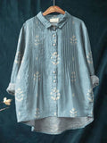 Women's Vintage Floral Art Print Casual Cotton And Linen Ruffle Shirt